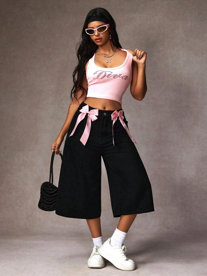 CM-BS596463 Women Casual Seoul Style Bow Tie Decor Color Block Pockets Loose Denim Jeans - Black