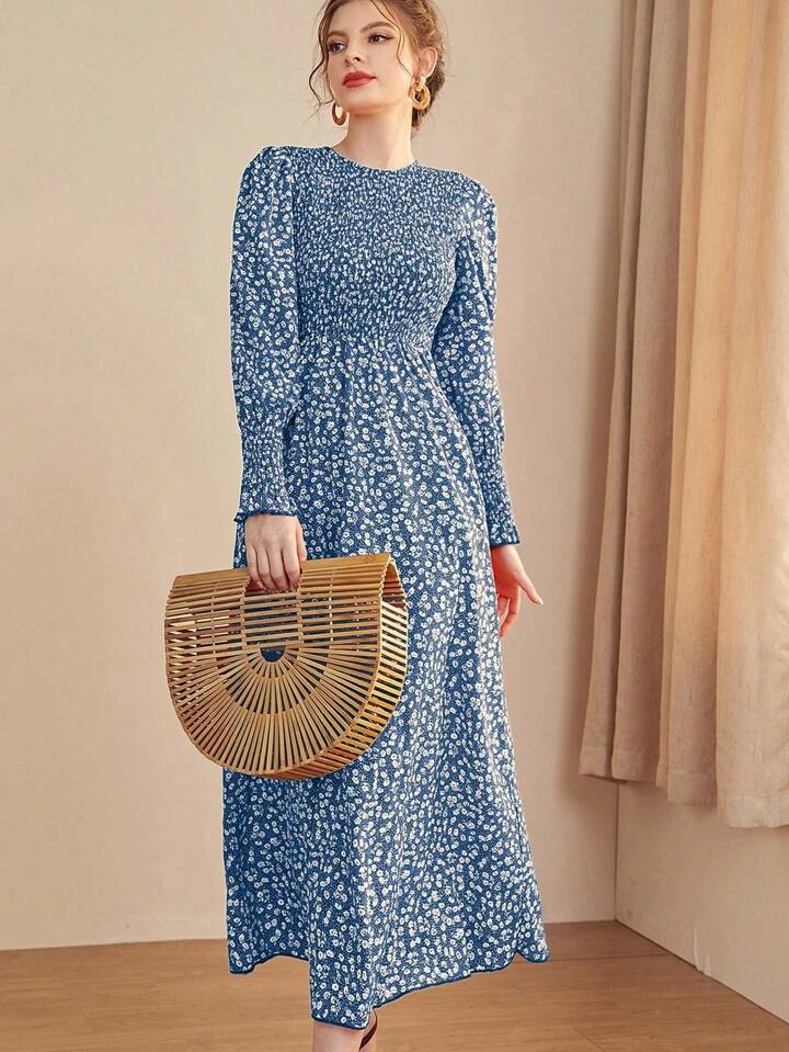 CM-DS548974 Women Casual Seoul Style Floral Wrap Around Round Neck Long Sleeve Dress