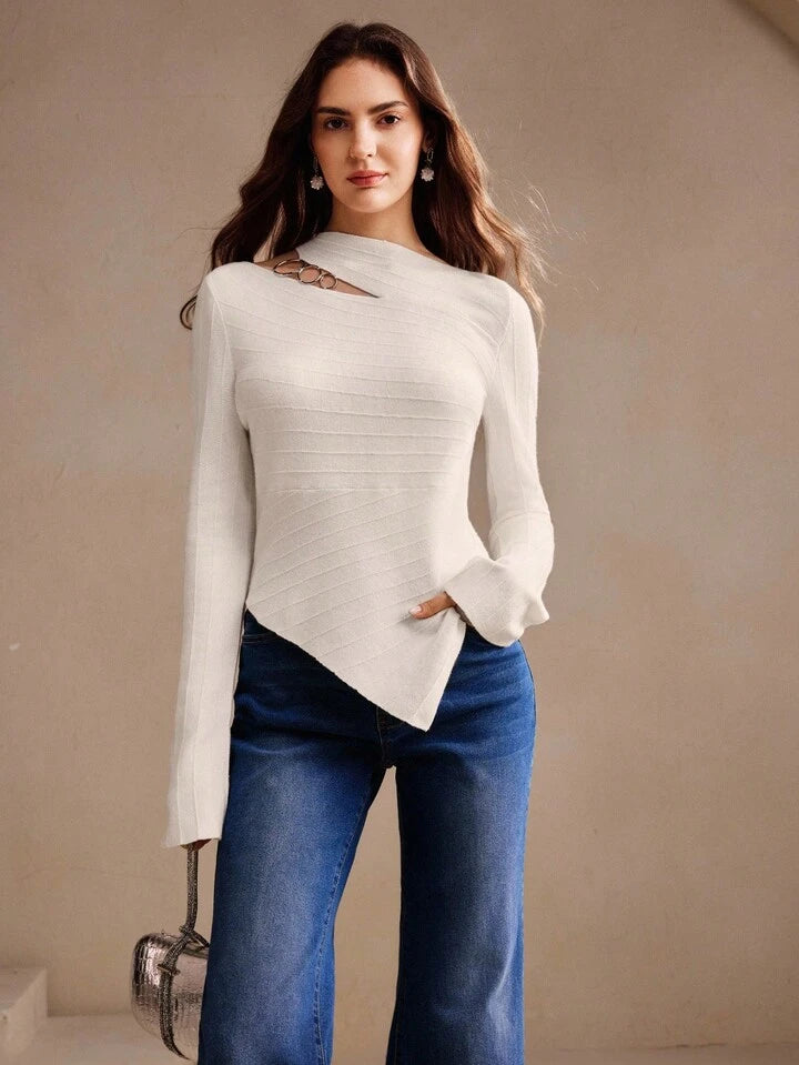 CM-CS093991 Women Elegant Seoul Style Hollow Asymmetric Neck Long Sleeve Knit Sweater - White