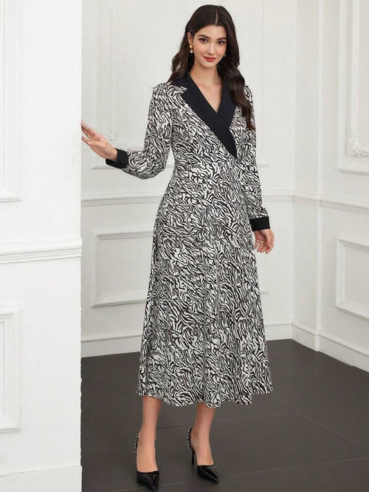 CM-DS176179 Women Casual Seoul Style Printed Patchwork Contrast Color Lapel Dress