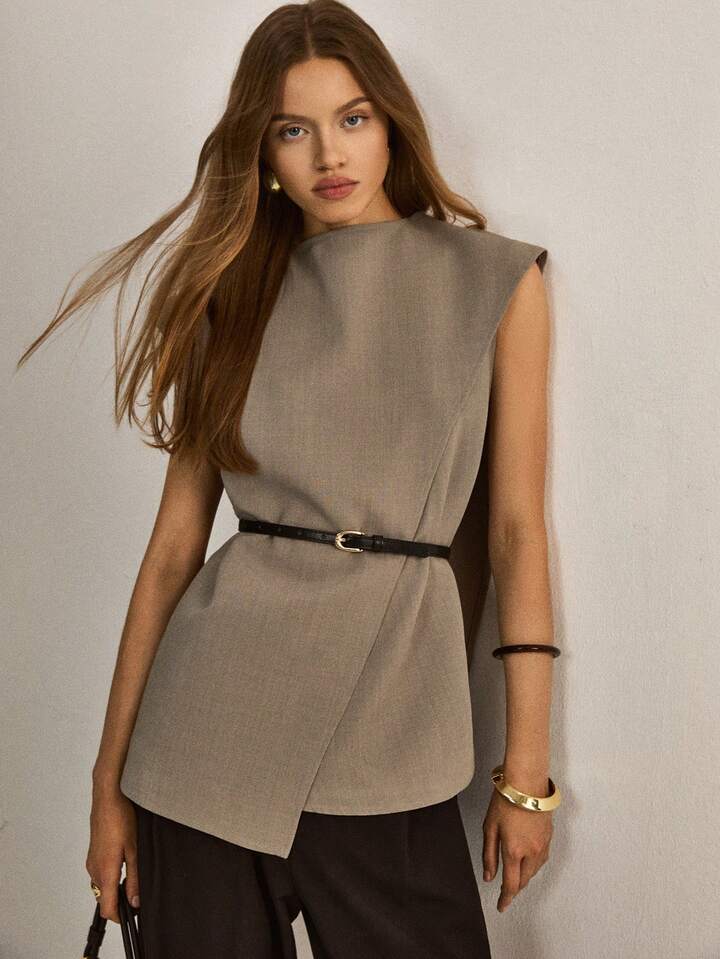 CM-TS822293 Women Elegant Seoul Style Stand Collar Sleeveless Asymmetric Hem Loose Blouse - Apricot