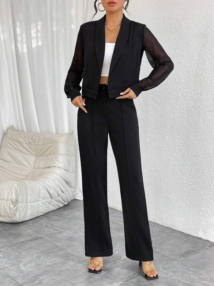 CM-SS766972 Women Elegant Seoul Style Sheer Mesh Insert Long Sleeve Blazer With Pants Suit - Black