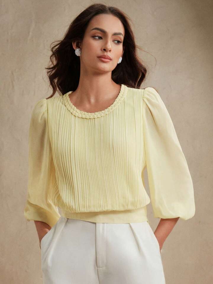 CM-TS652461 Women Elegant Seoul Style Cable Knit Round Neck Pleated Lantern Sleeve Slim Fit Blouse - Yellow