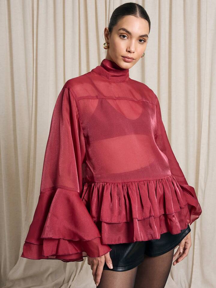 CM-TS814699 Women Elegant Seoul Style Neck Tie Flared Long Sleeve Sheer Ruffle Blouse - Red
