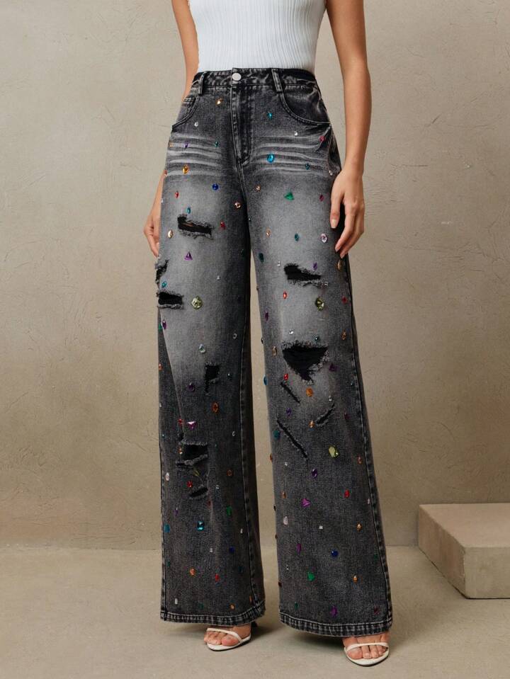 CM-BS569374 Women Elegant Seoul Style Distressed Colored Rhinestone Embellished Jeans - Black