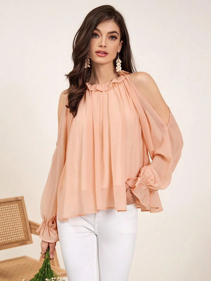 CM-TS099777 Women Casual Seoul Style Hollow Out Shoulder Flare Sleeve Blouse - Orange