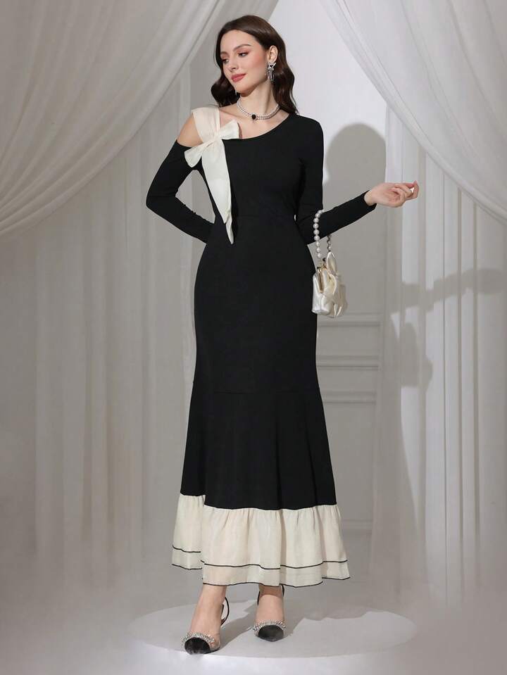 CM-DS763665 Women Elegant Seoul Style Bow Decor Asymmetrical Neck Long Sleeve Dress - Black