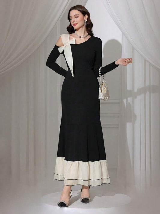 CM-DS763665 Women Elegant Seoul Style Bow Decor Asymmetrical Neck Long Sleeve Dress - Black