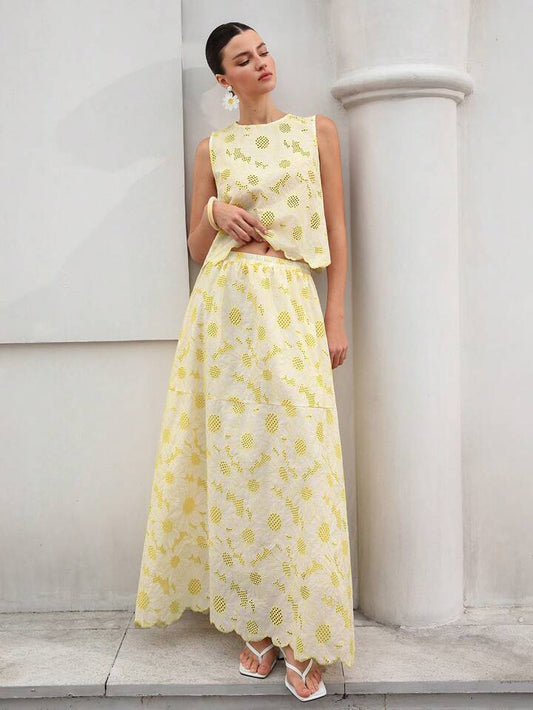 CM-SS292072 Women Trendy Bohemian Style Floral Embroidered Hollow Out Round Neck Sleeveless Top With Skirt - Set