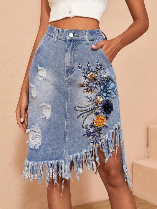 CM-BS373543 Women Vintage Seoul Style 3D Floral Embroidery Sequin Pearl Beaded Denim Midi Skirt