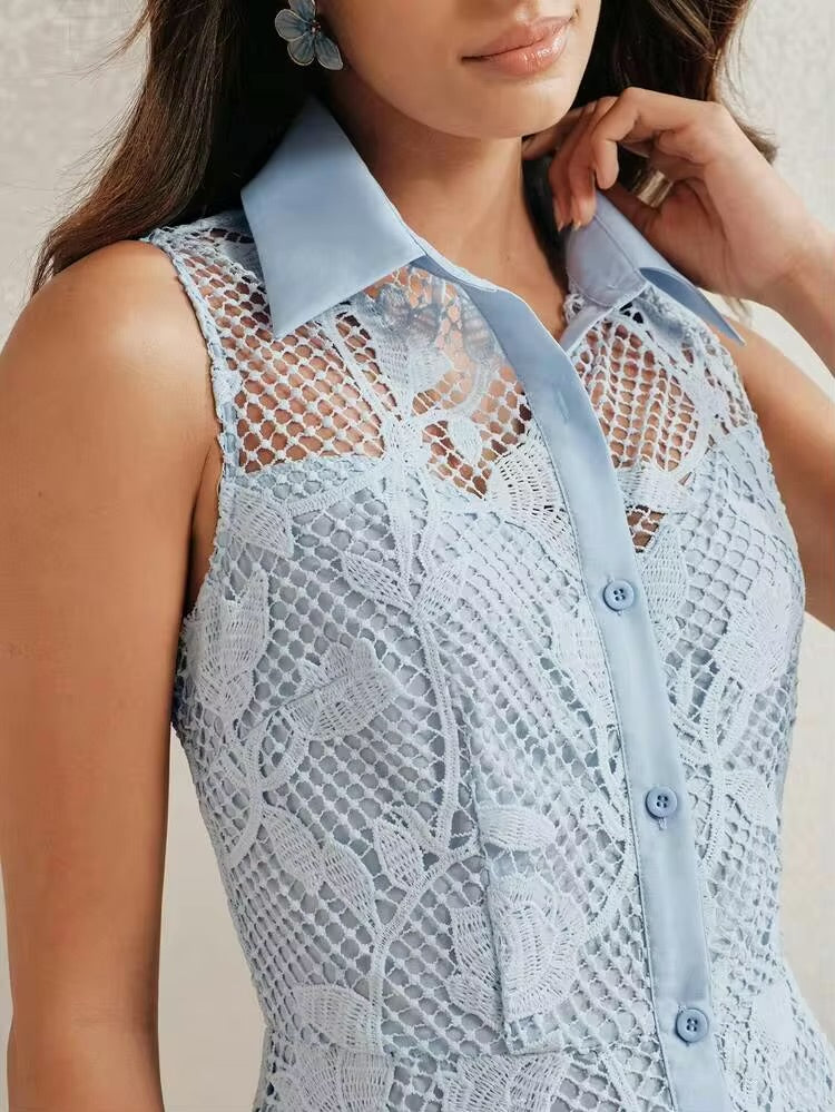 CM-DS689993 Women Elegant Seoul Style Collar Neckline Sleeveless Lace Patchwork Waist Cinched A-Line Dress - Blue