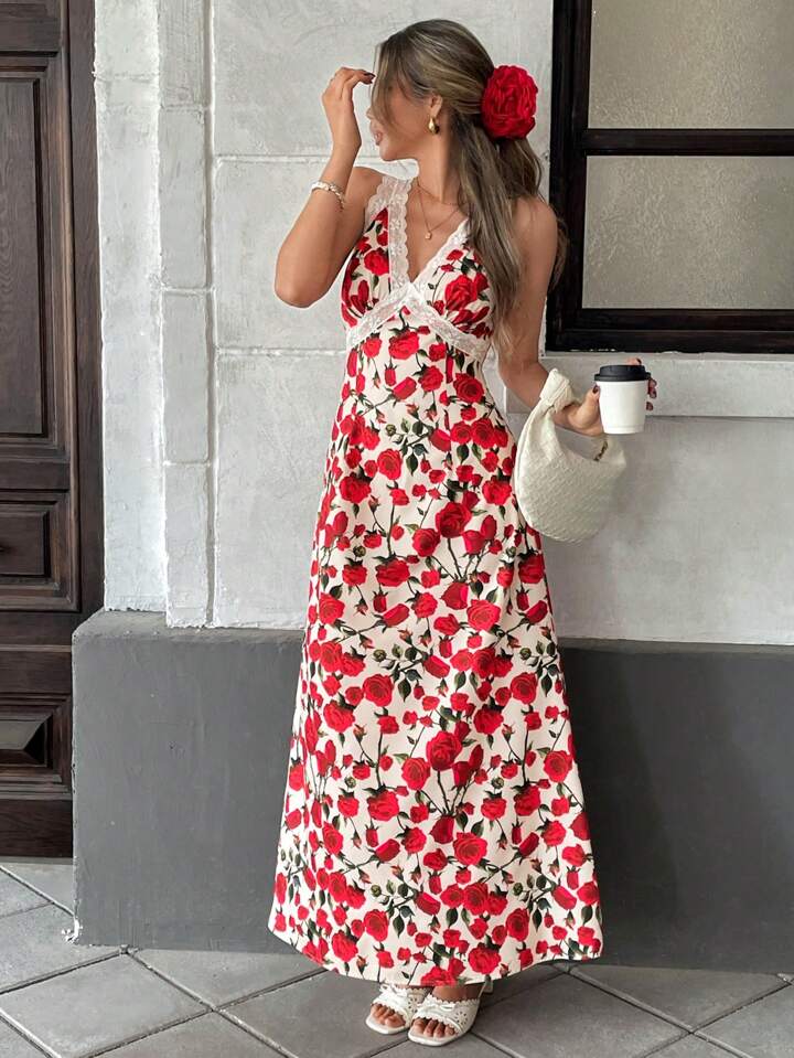 CM-DS793321 Women Casual Seoul Style Lace Panel Floral Print V-Neck Sleeveless Dress