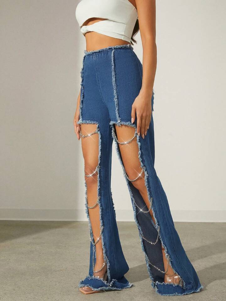 CM-BS616056 Women Casual Seoul Style Medium Wash Patchwork Frayed Chain Design Ripped Jeans