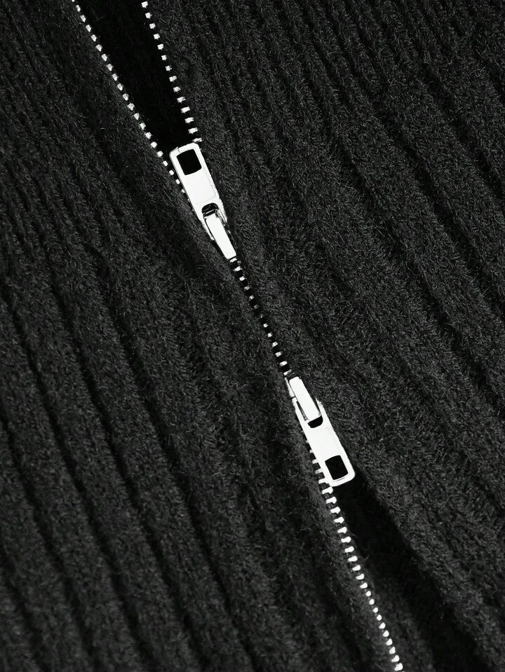 CM-CS791813 Women Casual Seoul Style Stand Collar Double-Ended Zipper Ribbed Yarn Short Fitted Cardigan