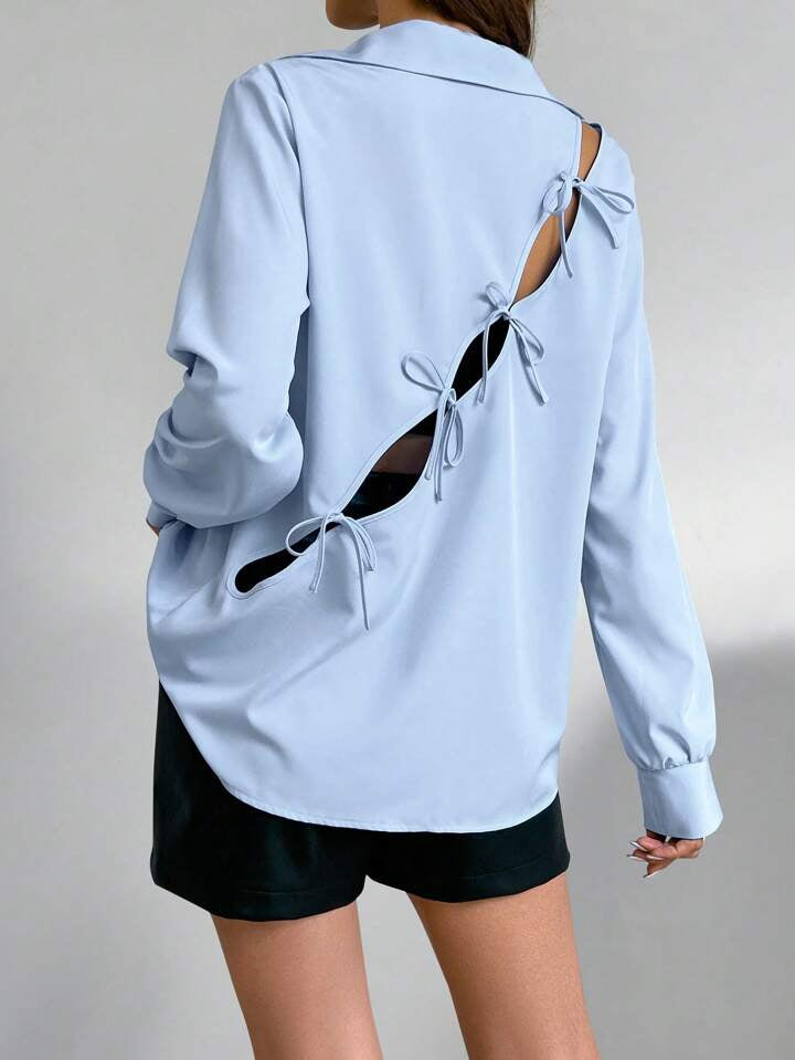 CM-TS568275 Women Casual Seoul Style Solid Cut Out Tie Back Long Sleeves Shirt - Baby Blue