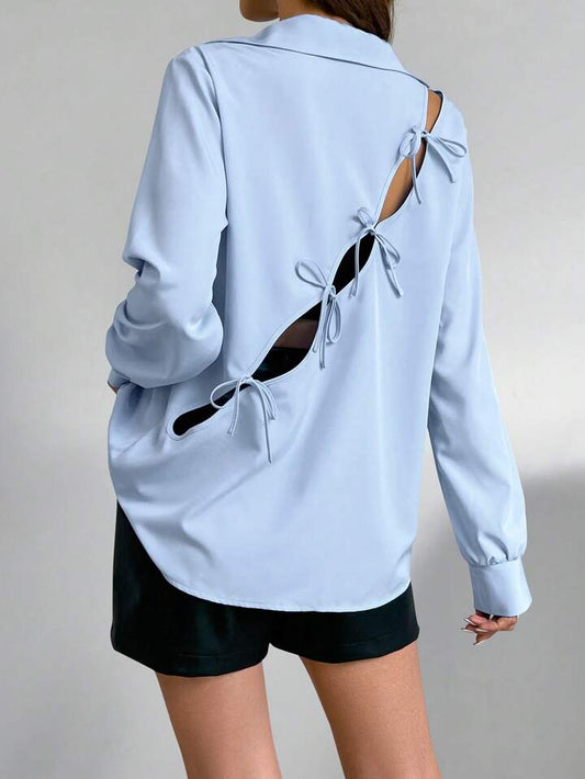 CM-TS568275 Women Casual Seoul Style Solid Cut Out Tie Back Long Sleeves Shirt - Baby Blue