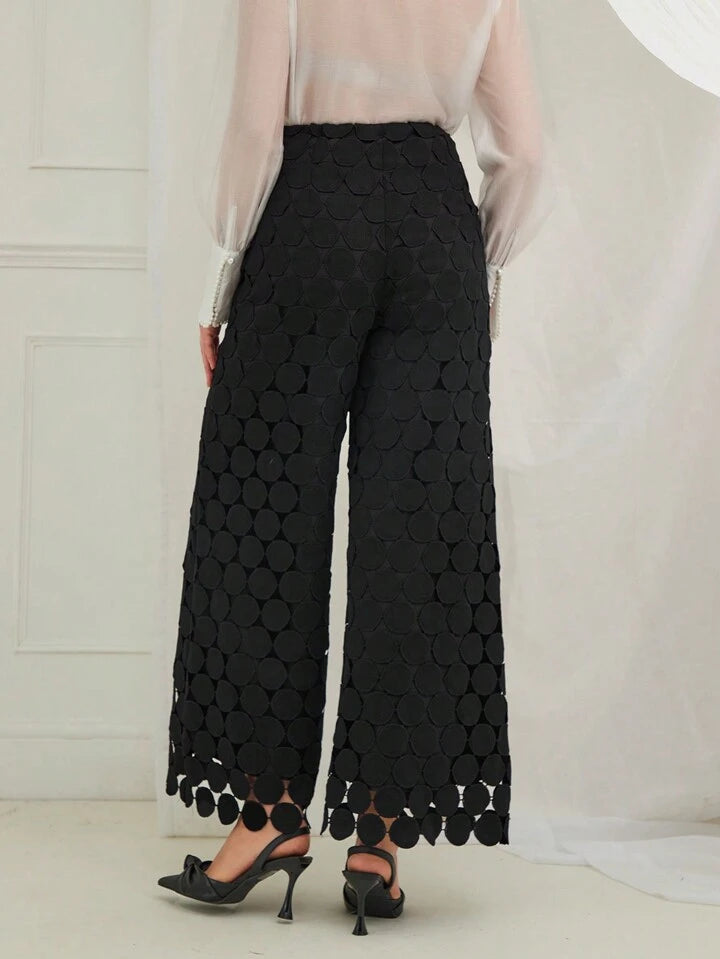 CM-BS035384 Women Trendy Bohemian Style Elastic Waist Lace Straight Leg Trousers - Black