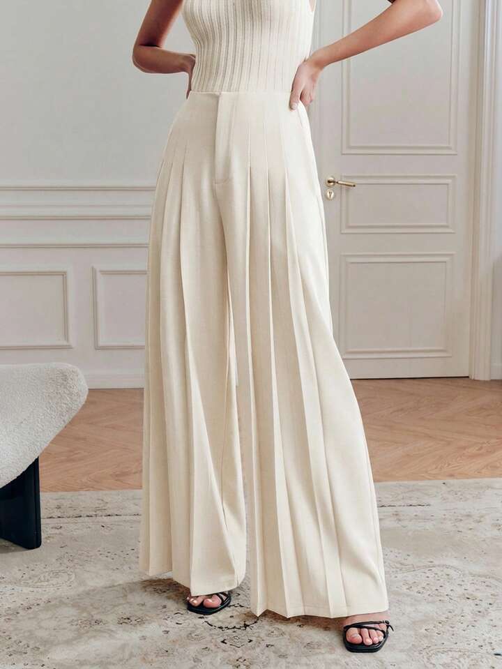 CM-BS083004 Women Elegant Seoul Style High Waist Loose Draping Wide Leg Pants - Apricot
