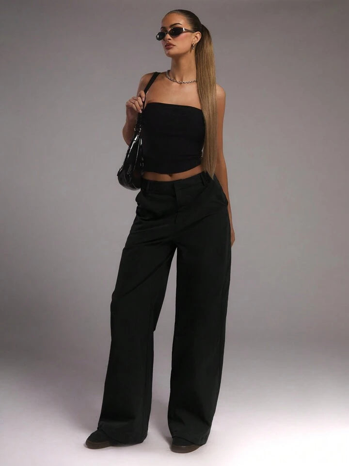 CM-BS943326 Women Casual Seoul Style Twill Slouch Fit Wide Leg Trousers - Black