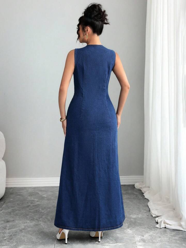 CM-DS817222 Women Elegant Seoul Style Minimalist Round Neck Sleeveless Button-Down Denim Dress - Blue