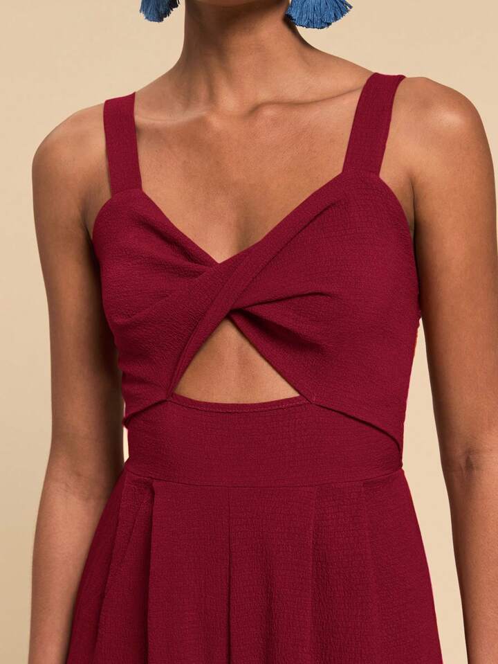 CM-JS725575 Women Trendy Bohemian Style Twist Front Cutout Cami Jumpsuit - Burgundy