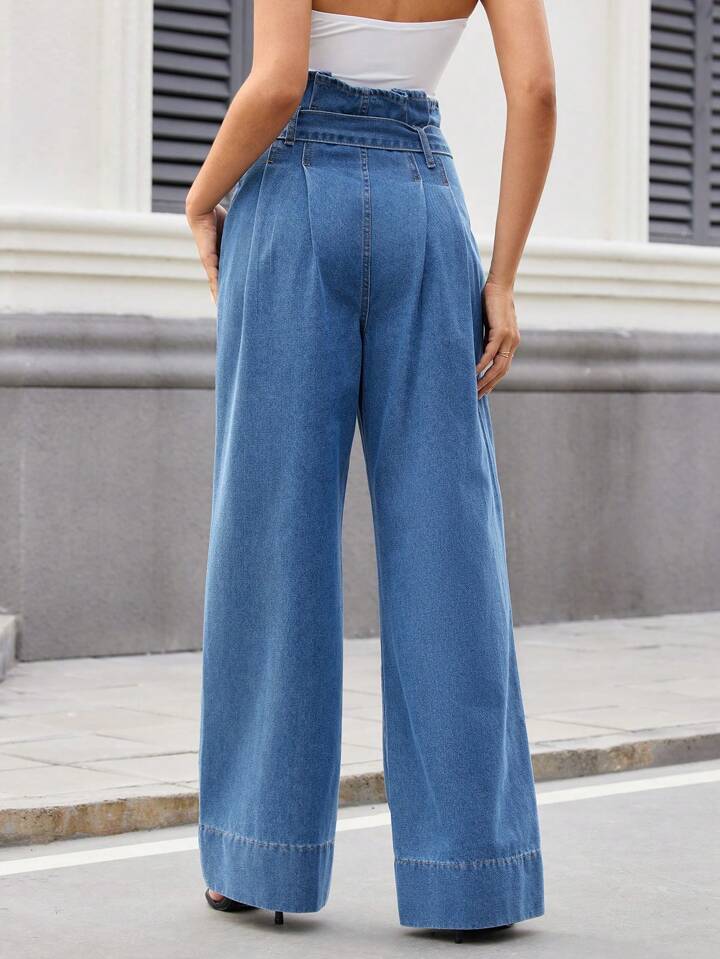 CM-BS450853 Women Casual Seoul Style High Waisted Wide Leg Loose Fit Denim Pants - Blue