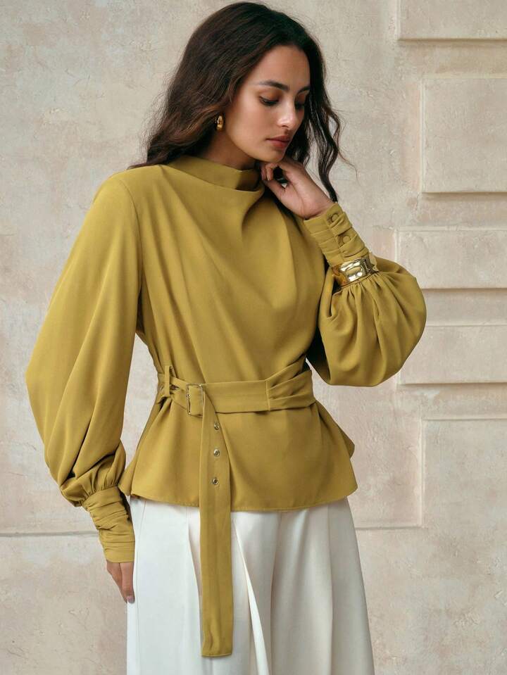 CM-TS912351 Women Elegant Seoul Style Solid Color Swing Lantern Sleeve Asymmetric Ruffle Tie Waist Blouse