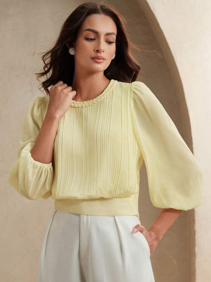 CM-TS652461 Women Elegant Seoul Style Cable Knit Round Neck Pleated Lantern Sleeve Slim Fit Blouse - Yellow