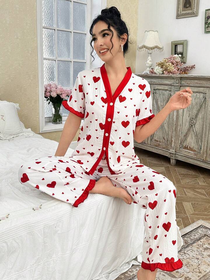 CM-LS163624 Wlomen Trendy Seoul Style Heart Print Ruffled Trim Short Sleeve Top With Long Pants Pajama Set