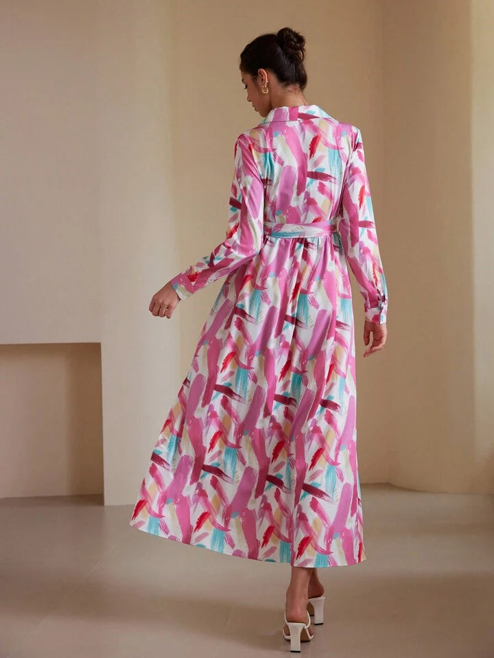 CM-DS442002 Women Casual Seoul Style Printed Turn-Down Collar Cinched Waist Waist Long Sleeve Dress