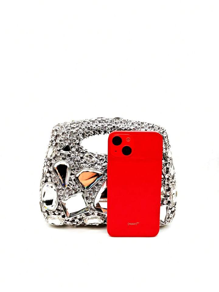 CM-BGS369899 Women Elegant Seoul Style Handmade Glass Rhinestone Clutch Bag - Silver