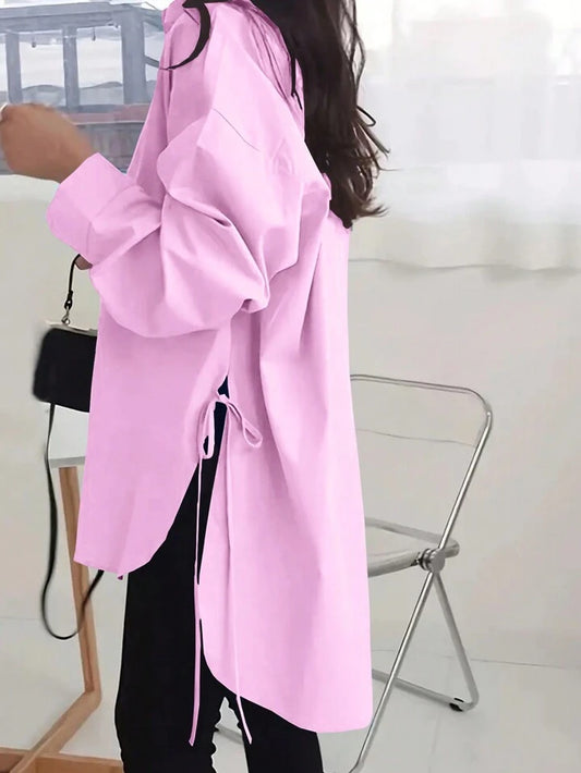 CM-TS728887 Women Casual Seoul Style Shirt Collar Batwing Long Sleeve Loose Shirt - Pink