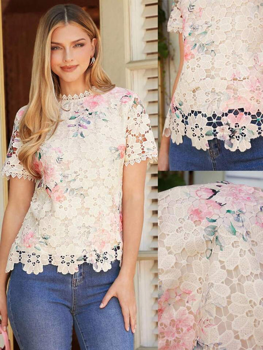 CM-TS755296 Women Trendy Bohemain Style Notched Neckline 3/4 Sleeve Color-Block Lace Printed Asymmetrical Hem Top