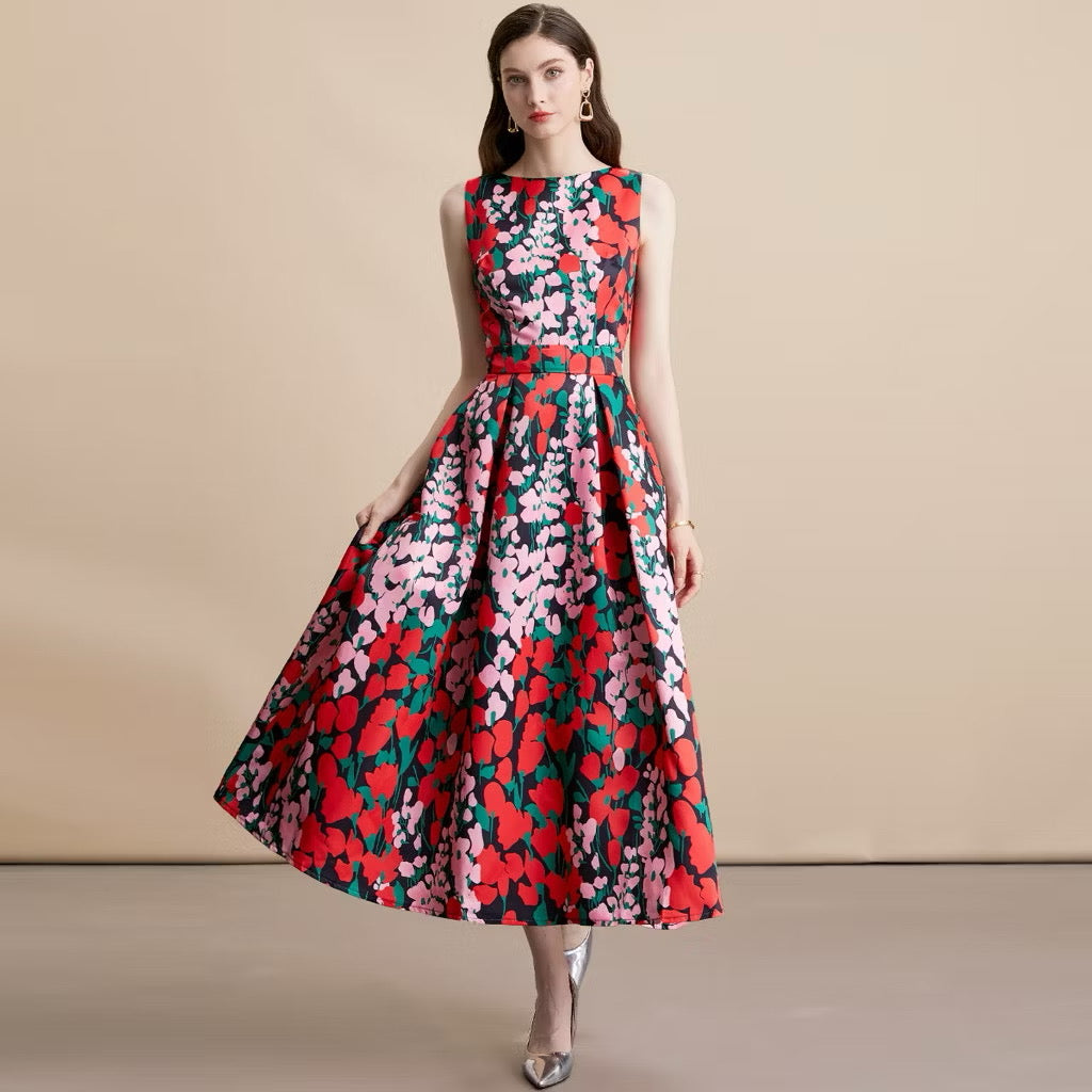 CM-DY054159 Women Elegant European Style Round Neck Sleeveless Pinched Waist A-Line Midi Dress