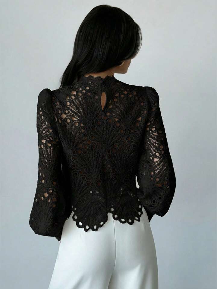 CM-TS794260 Women Elegant Seoul Style Mandarin Collar Lace Sheer Lantern Sleeve Blouse - Black