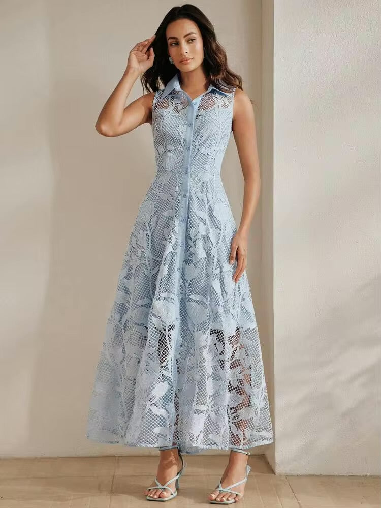 CM-DS689993 Women Elegant Seoul Style Collar Neckline Sleeveless Lace Patchwork Waist Cinched A-Line Dress - Blue