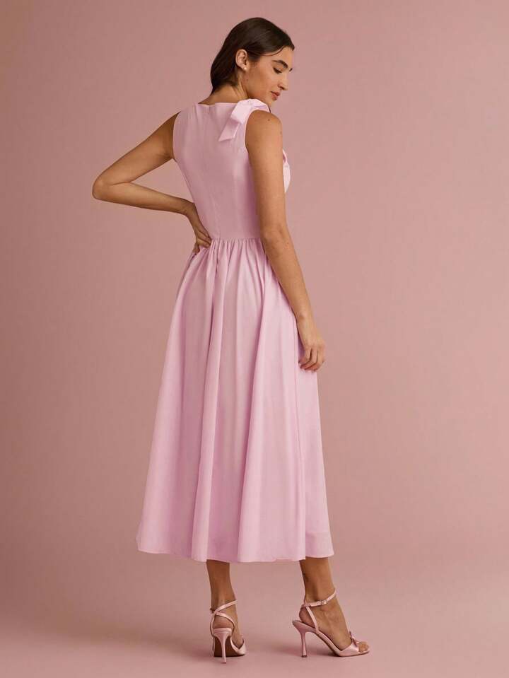 CM-DS311915 Women Elegant Seoul Style Bowknot Shoulder Sleeveless Pleated Long Dress - Pink