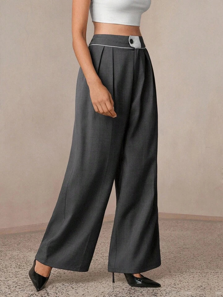 CM-BS433170 Women Casual Seoul Style Contrast Color Maxi Wide Leg Suit Pants - Dark Gray