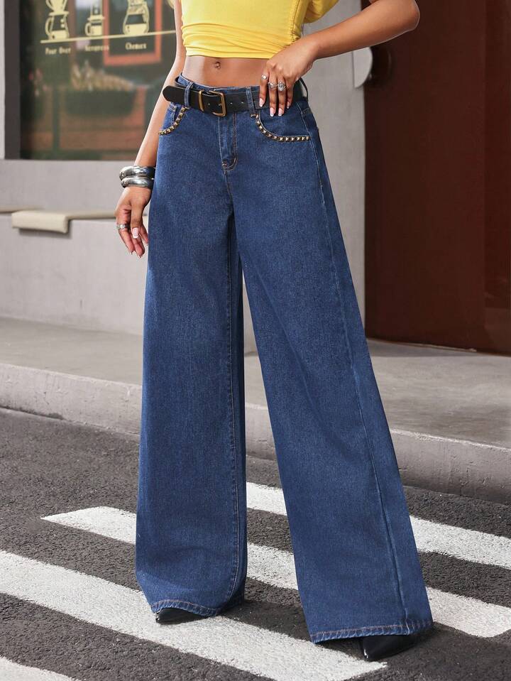 CM-BS311010 Women Casual Seoul Style Rivet Decor Black Leather Belt Low Waist Wide Leg Jeans - Blue