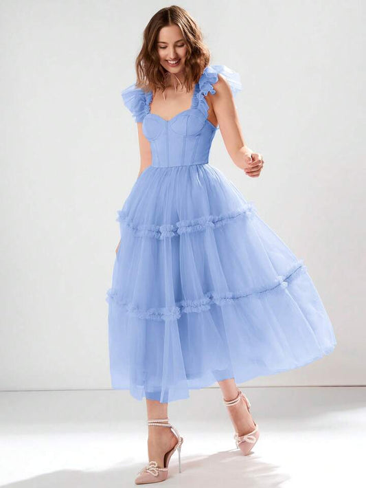 CM-DS515994 Women Elegant Seoul Style Sweet Heart Neck Flounce Sleeve Ruched Mesh Dress - Baby Blue