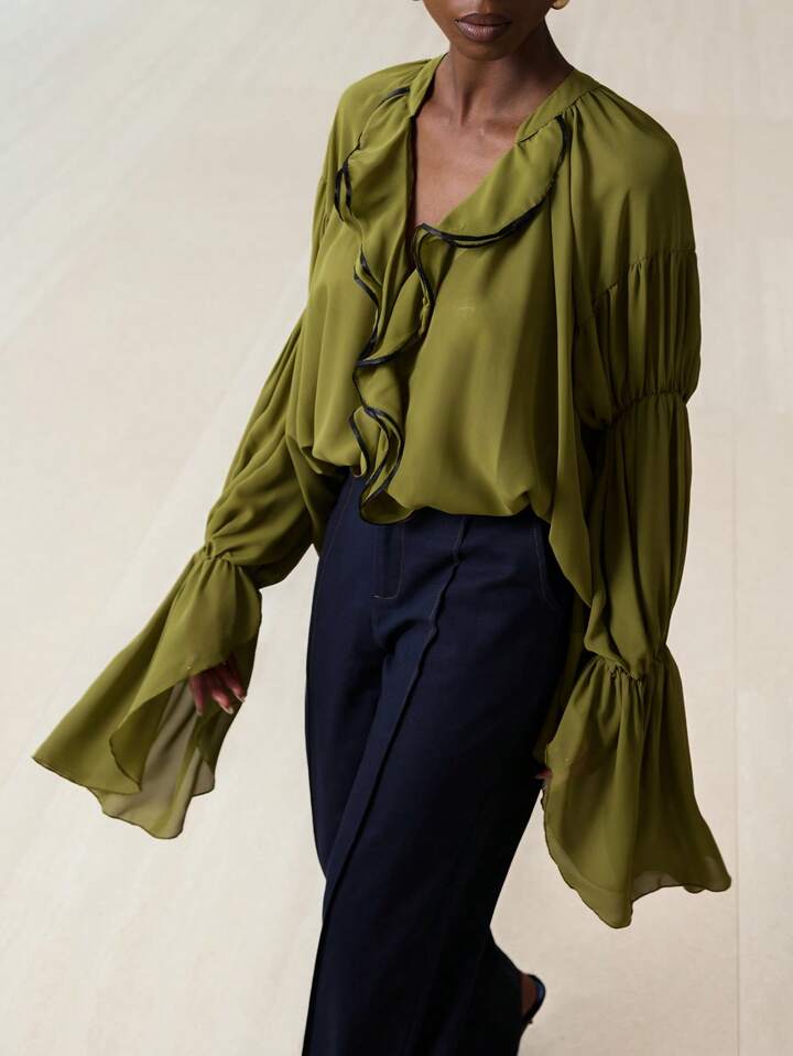 CM-TS564058 Women Elegant Seoul Style V-Neck Ruffle Trim Extra Long Sleeve Oversized Blouse