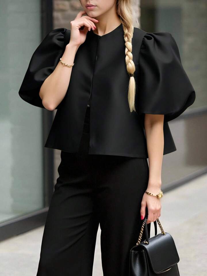 CM-TS414658 Women Elegant Seoul Style Solid Color Round Neck Puff Sleeve Shirt - Black