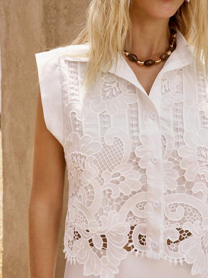 CM-SS644288 Women Trendy Bohemian Style All-Over Hollow Floral Pattern Lapel Cropped Shirt With Maxi Skirt - Set