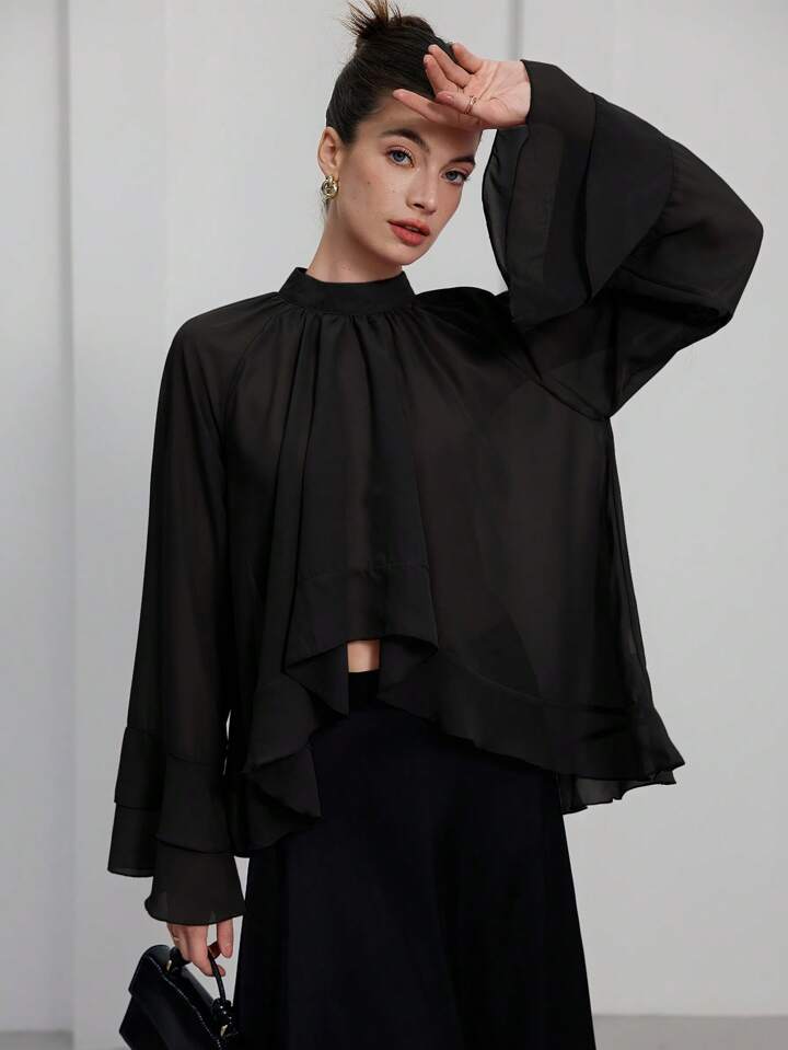 CM-TS617386 Women Casual Seoul Style Stand Collar Long Sleeve Chiffon Cascading Ruffled Blouse - Black