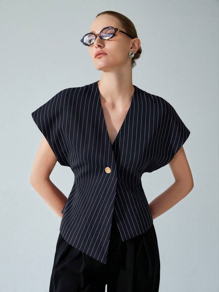 CM-TS891692 Women Casual Seoul Style V-Neck Open Front Asymmetrical Hemline Sleeveless Blouse