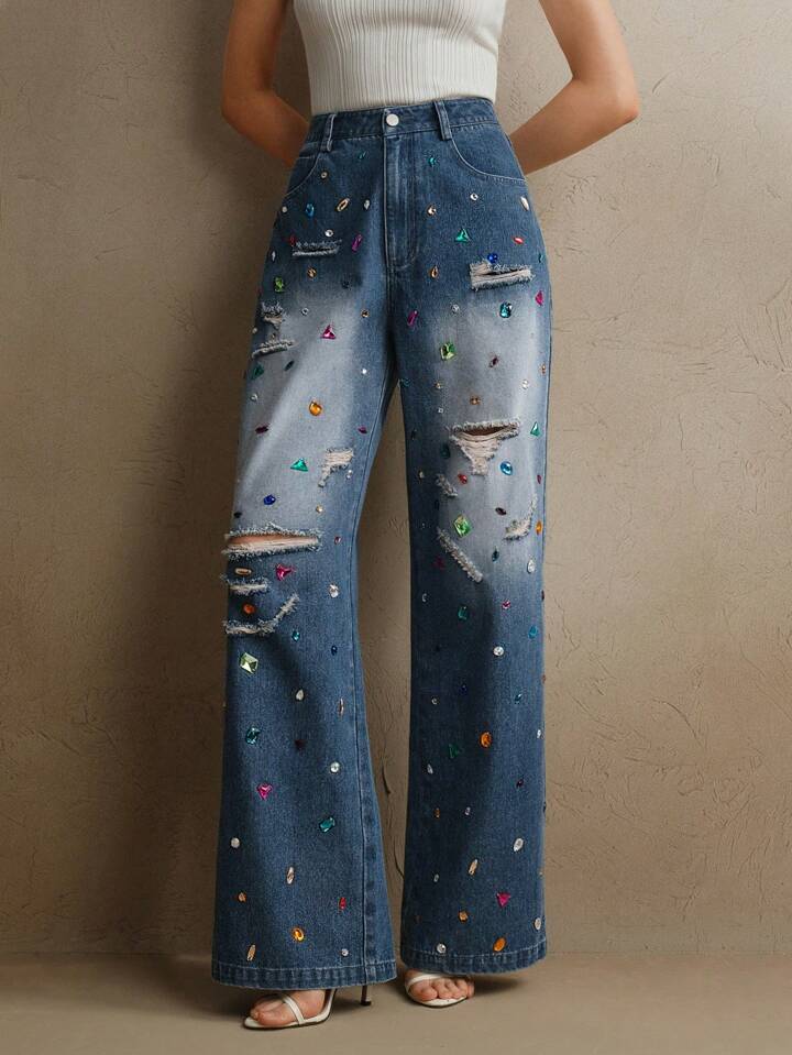 CM-BS244960 Women Elegant Seoul Style Dark Wash Distressed Colored Rhinestone Embellished Jeans