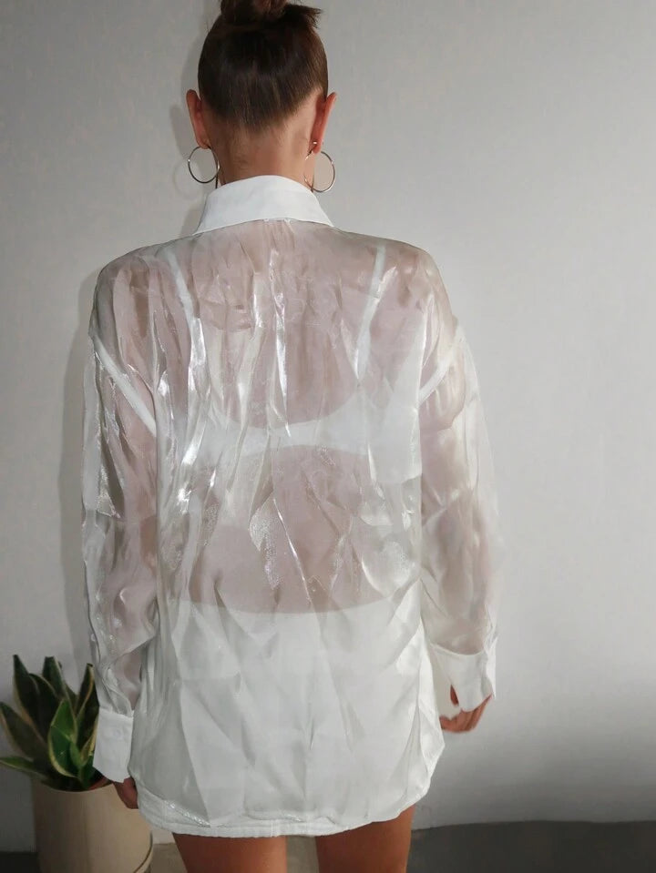 CM-TS314818 Women Casual Seoul Style 3D Floral Mesh See-Through White Long Sleeve Shirt