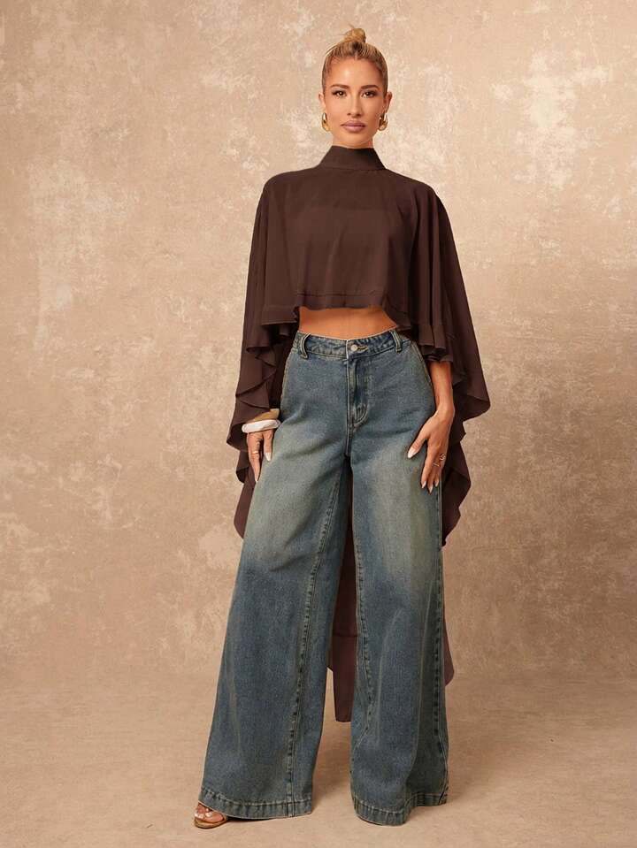 CM-TS104645 Women Casual Seoul Style Asymmetric Ruffle Hem Loose Collar Shawl Blouse - Brown