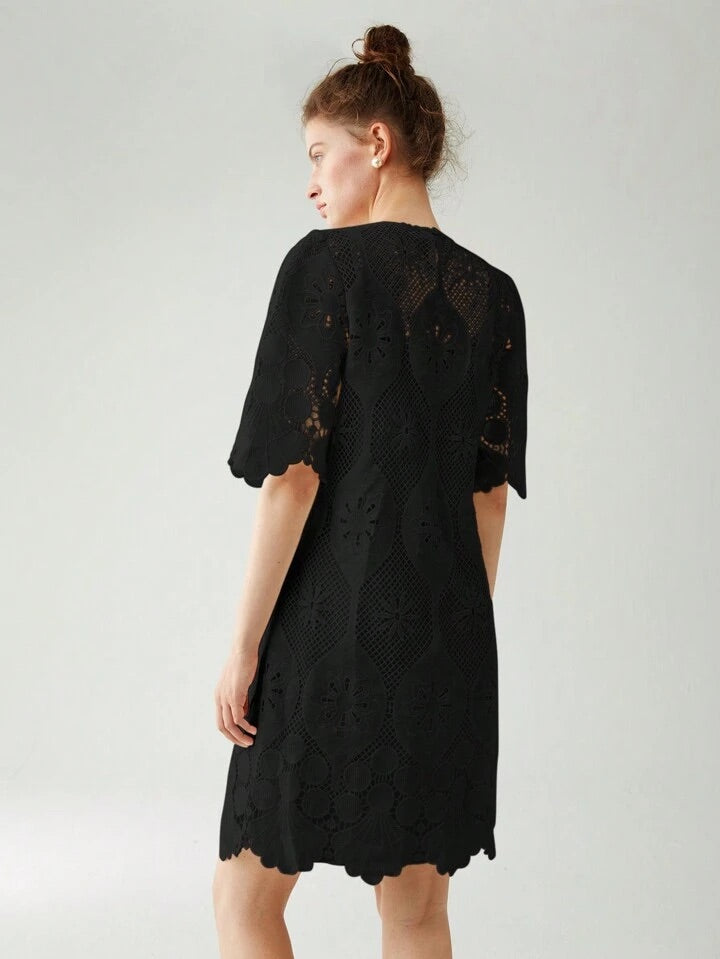 CM-DS636852 Women Elegant Seoul Style Round Neck Half Sleeve Lace Overlay Dress - Black