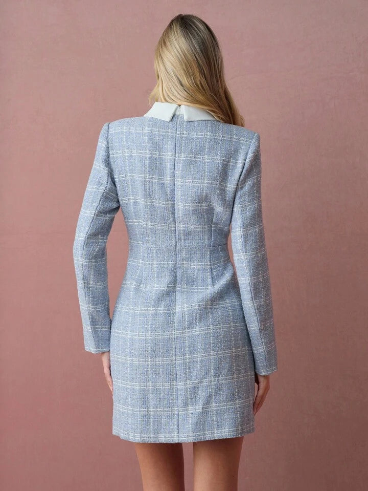CM-DS788805 Women Elegant Seoul Style Plaid Print Bow Decor Collar Neckline Long Sleeve Mini Dress - Blue
